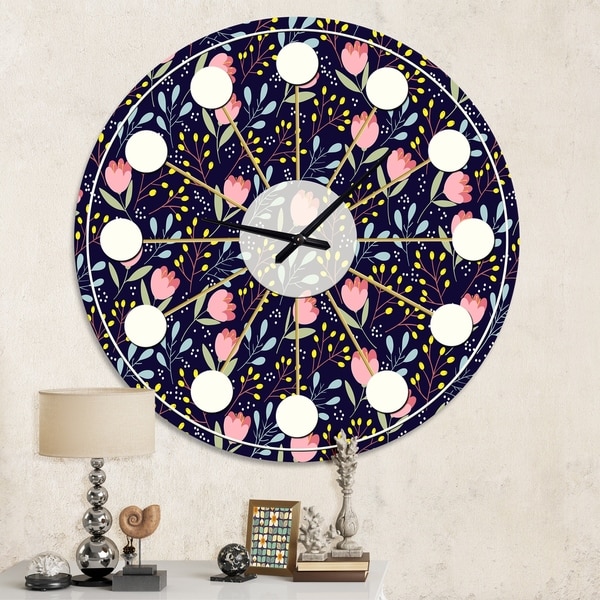 Designart 'Handdrawn Pink Flowers ' Mid-Century wall clock