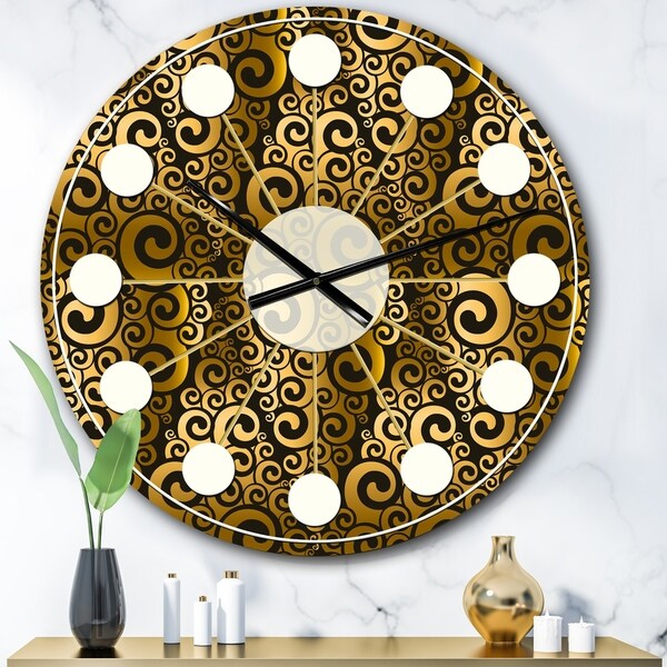 Designart 'Gold and Black Swirl I' Mid-Century wall clock