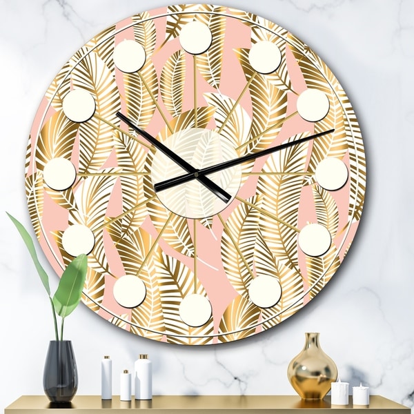 Designart 'Golden Palm Leaves I' Mid-Century wall clock