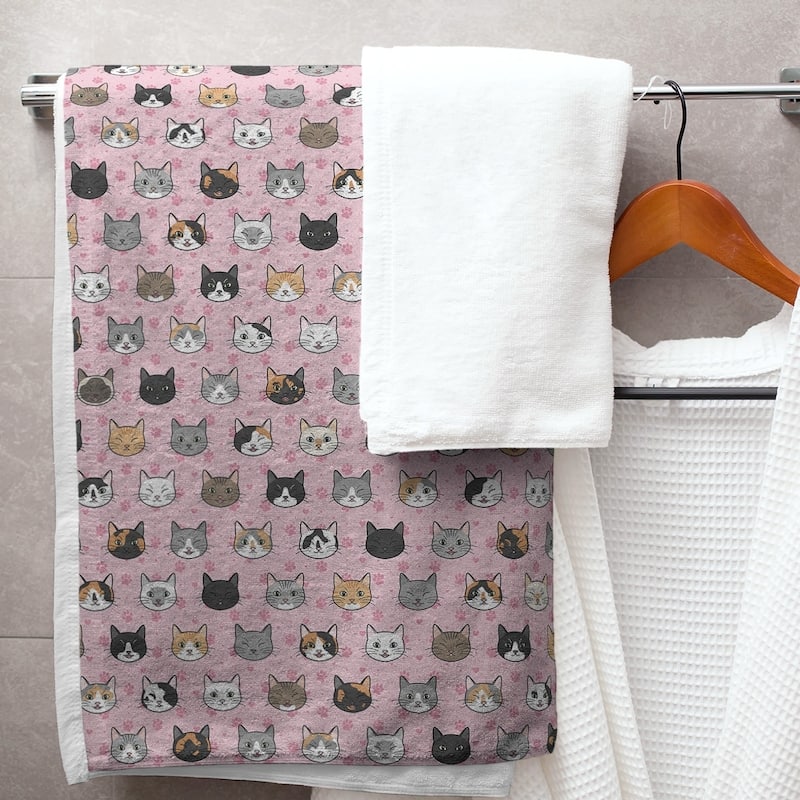 Porch & Den Alecia Kitty Cat Pattern Bath Towel - 30 x 60 - Cotton - Pink