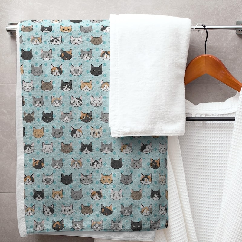 Porch & Den Alecia Kitty Cat Pattern Bath Towel - 30 x 60 - Cotton - Teal