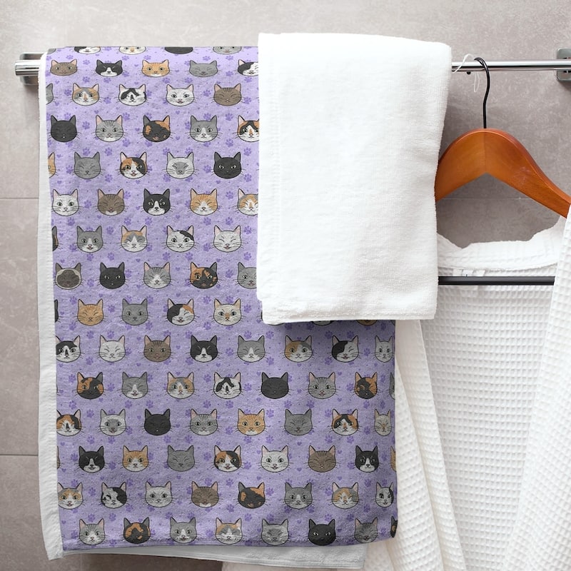 Porch & Den Alecia Kitty Cat Pattern Bath Towel - 30 x 60 - Cotton - Purple