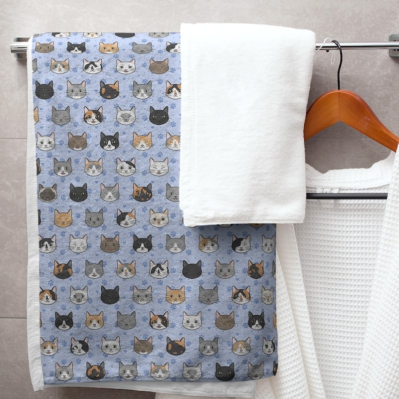 Porch & Den Alecia Kitty Cat Pattern Bath Towel - 30 x 60 - Cotton - Blue