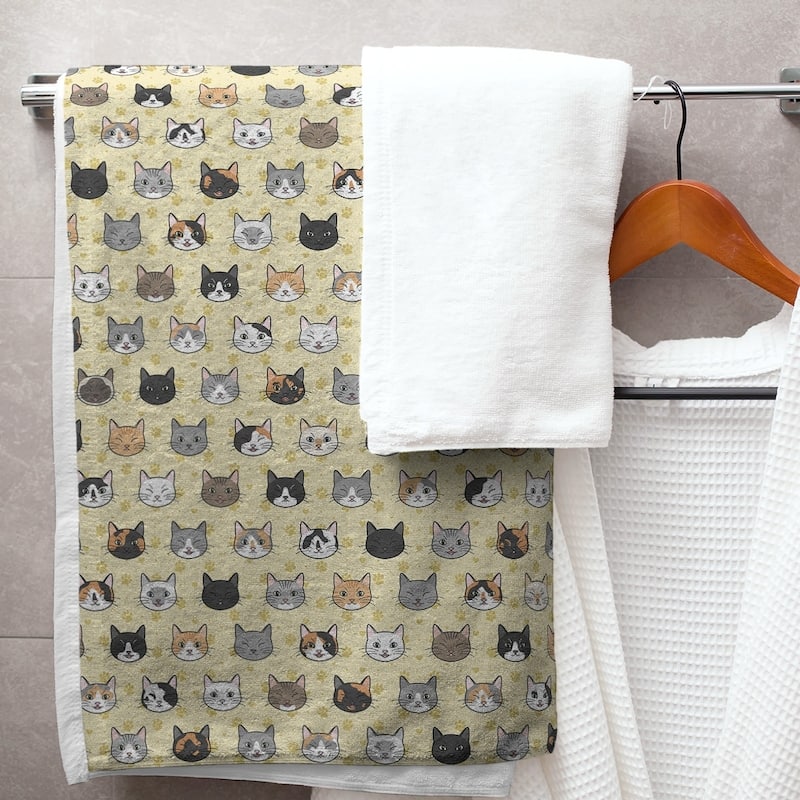 Porch & Den Alecia Kitty Cat Pattern Bath Towel - 30 x 60 - Cotton - Yellow