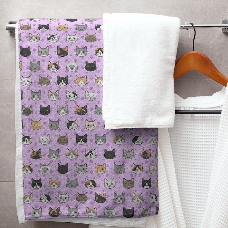 Porch & Den Alecia Kitty Cat Pattern Bath Towel - 30 x 60 - Microfiber - Violet