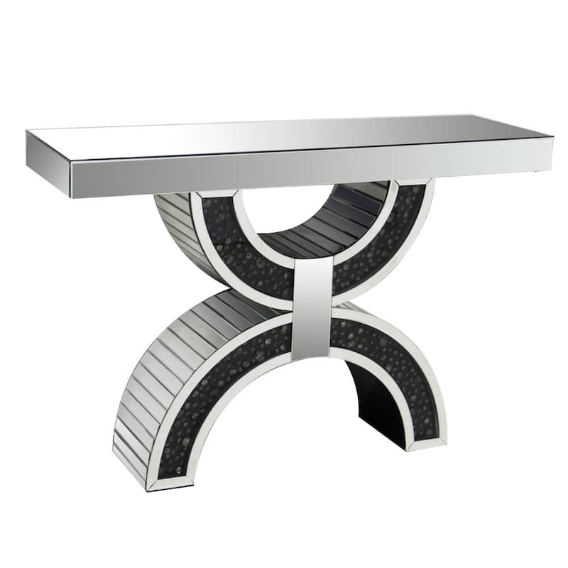 Wood and Mirror Console Table with Geometric Style Base, Clear and Black
