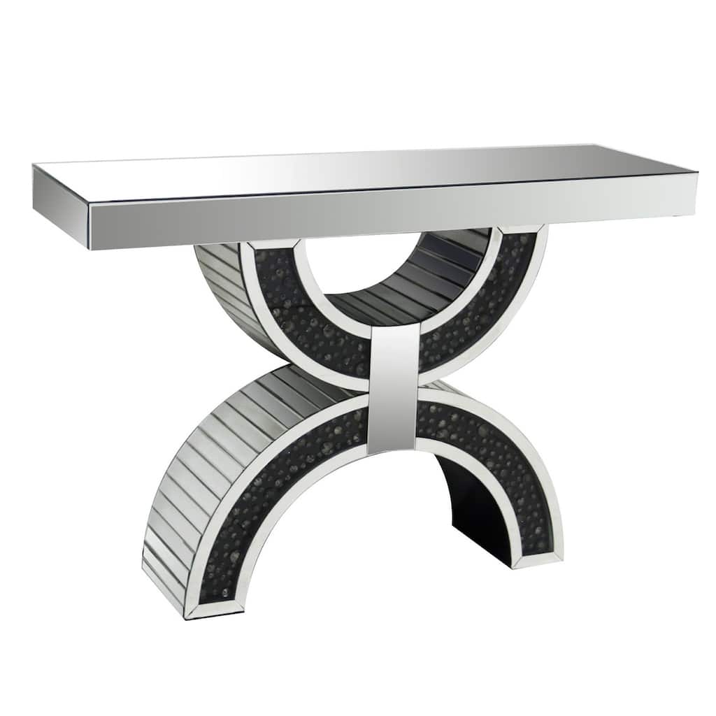 Wood and Mirror Console Table with Geometric Style Base, Clear and Black