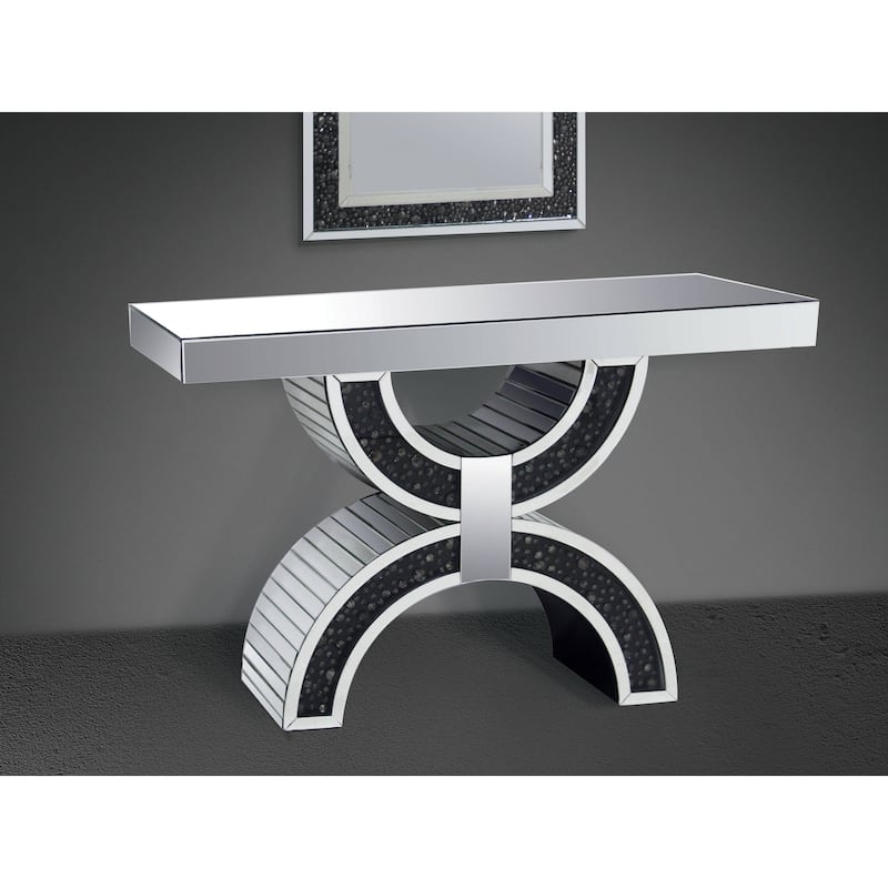 Wood and Mirror Console Table with Geometric Style Base, Clear and Black