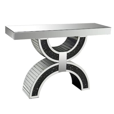 Wood and Mirror Console Table with Geometric Style Base, Clear and Black