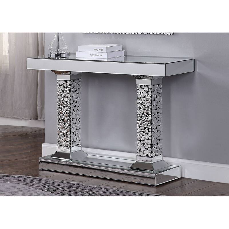 Wood and Mirror Console Table with Two Pedestal Base, Clear and Black