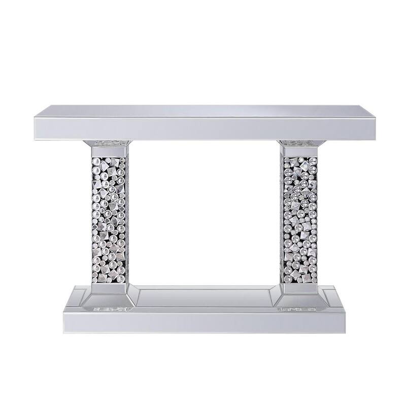 Wood and Mirror Console Table with Two Pedestal Base, Clear and Black