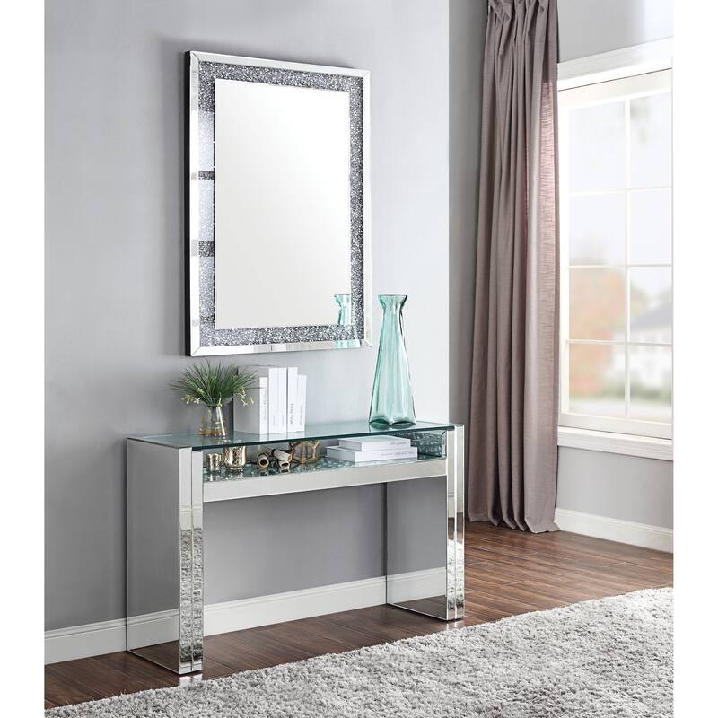 Wood and Mirror Sofa Table with Studded Faux Crystals, Clear