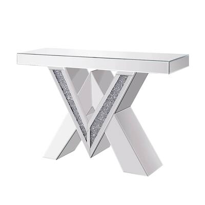 Wood and Mirror Console Table with Interlocking V Shape Base, Clear
