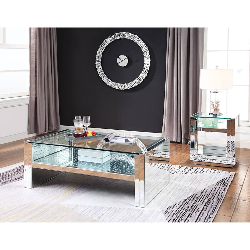 Wood and Mirror Coffee Table with Studded Faux Crystals, Clear