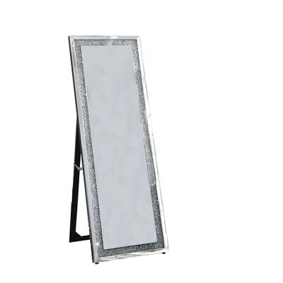 Faux Crystal Accented Wooden Framed Floor Mirror with Fold Out Back Leg Support, Clear