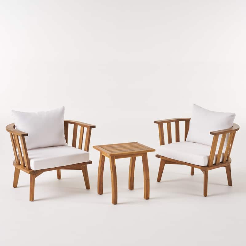 Barton Outdoor 2 Seater Acacia Wood Club Chairs and Side Table Set by Christopher Knight Home - Teak+White