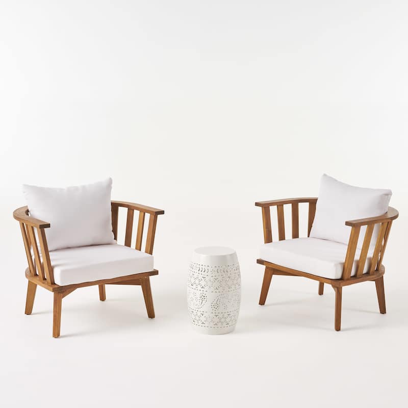 Palmo Outdoor 2 Seater Acacia Wood Club Chairs and Side Table Set by Christopher Knight Home - Teak+White