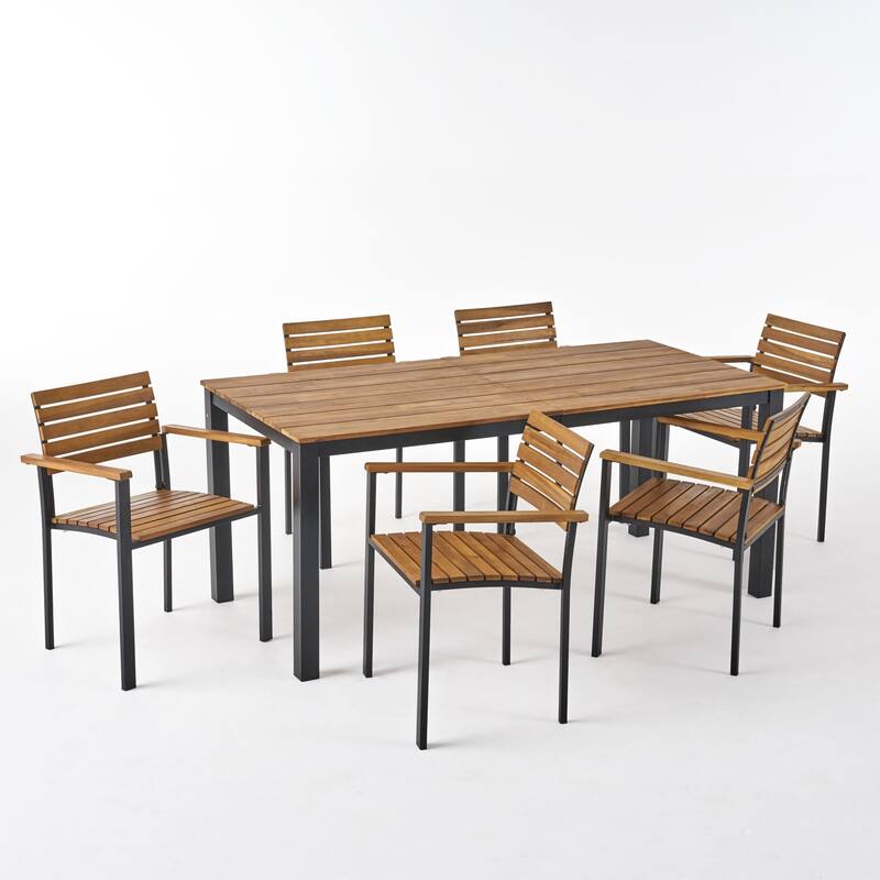 Florence Outdoor 6 Seater Wood Dining Set by Christopher Knight Home - Teak Finish+Black