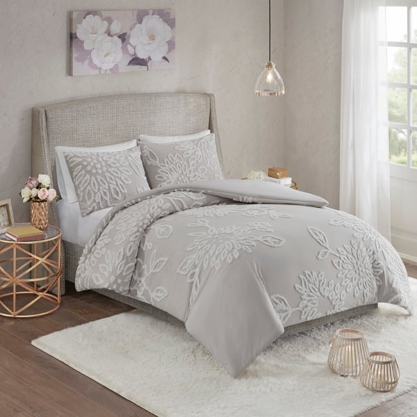 Shop Madison Park Pansy Grey White Tufted Cotton Chenille Floral