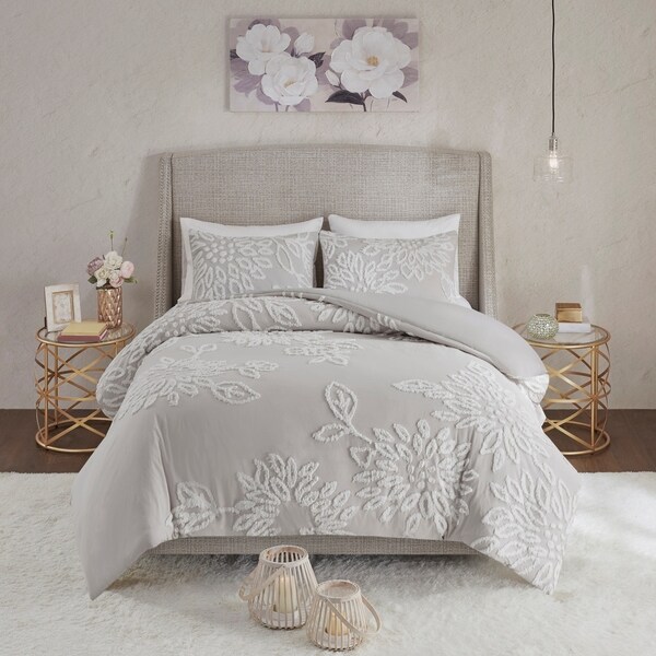 Madison Park Pansy Grey/ White Tufted Cotton Chenille Floral Comforter ...