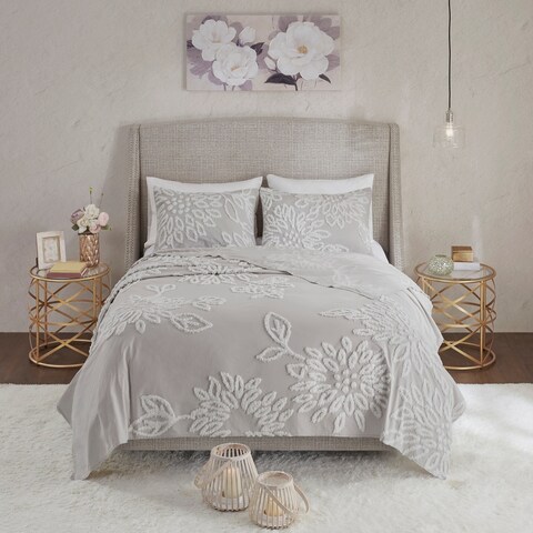 Madison Park Pansy Grey/ White Tufted Cotton Chenille Floral Coverlet Set