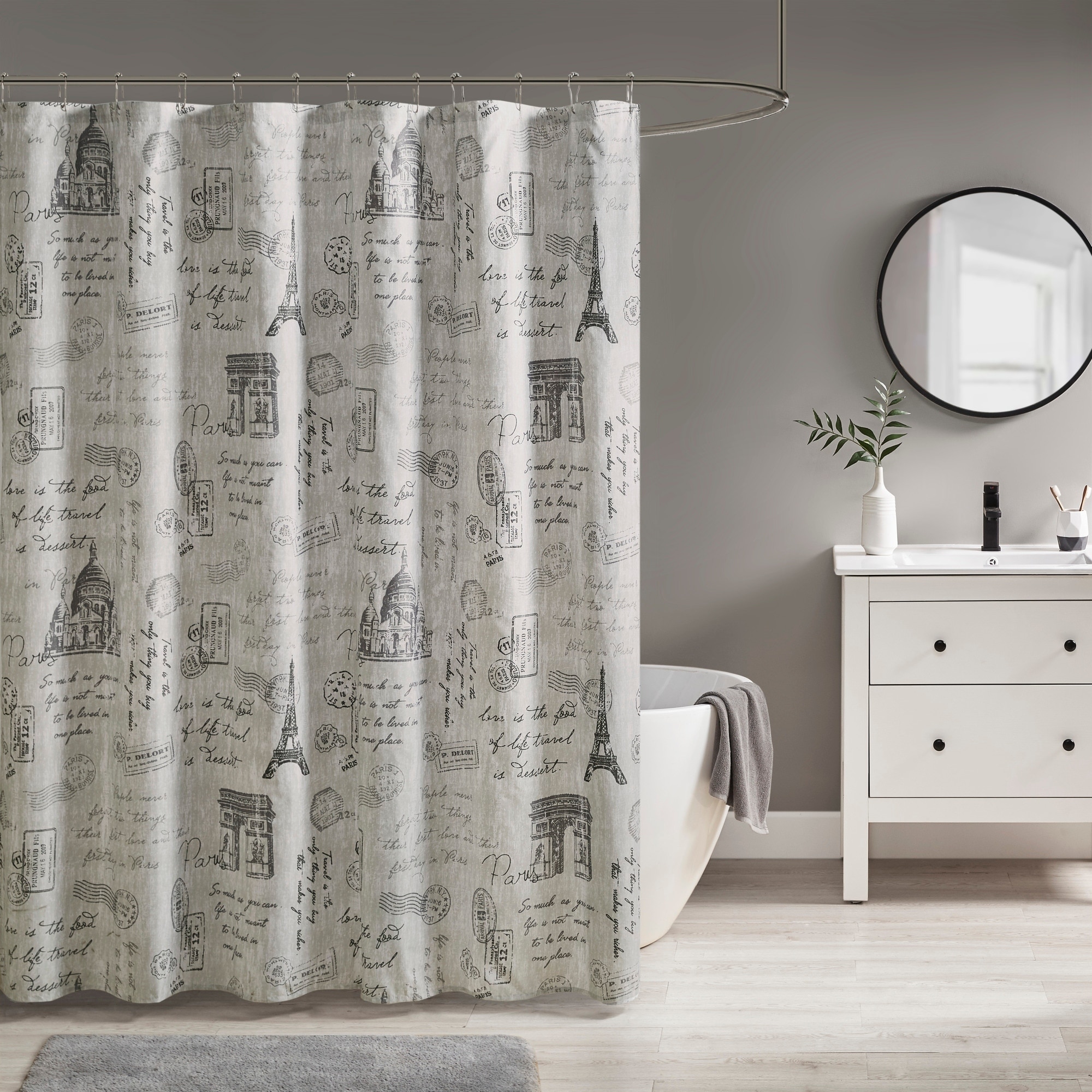 510 Design Mariam Grey Charcoal Paris Printed Shower Curtain