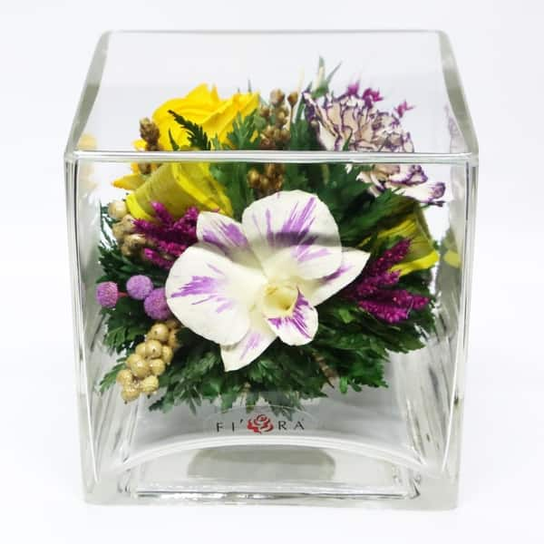 Shop Natural Long Lasting Flowers In A Small Cube Clear Glass Vase