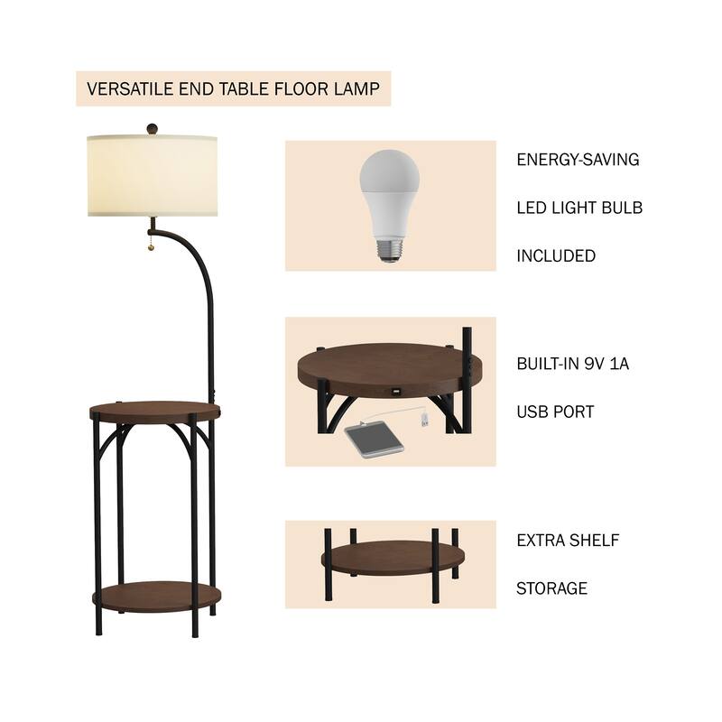 Floor Lamp End Table- Modern Rustic Side Table with Drum Shaped Shade by Lavish Home