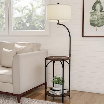 Floor Lamp End Table- Modern Rustic Side Table with Drum Shaped Shade by Lavish Home