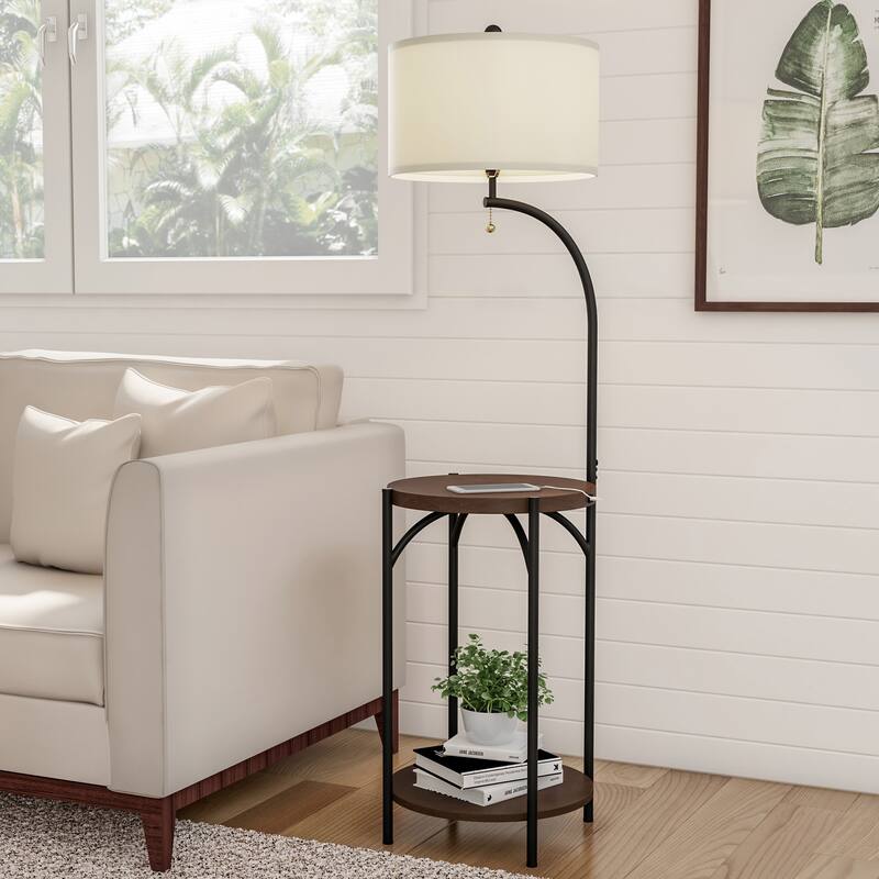 Floor Lamp End Table- Modern Rustic Side Table with Drum Shaped Shade by Lavish Home