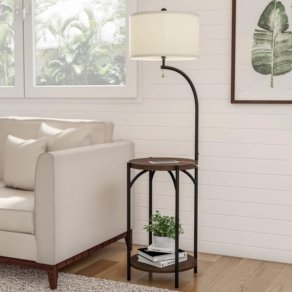 Floor Lamp End Table- Modern Rustic Side Table with Drum Shaped Shade ...