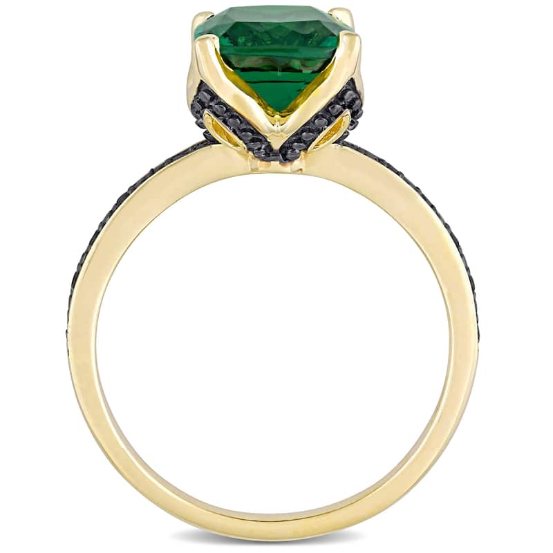 Miadora 10k Yellow Gold Cushion-Cut Created Emerald and Black Diamond Ring
