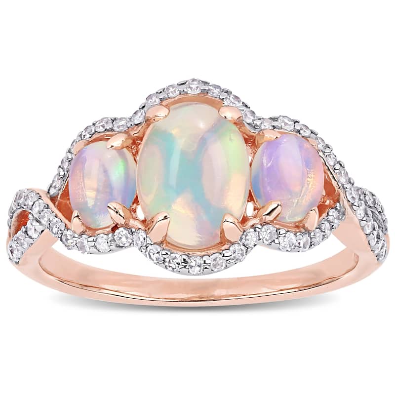 Miadora 10k Rose Gold Oval-Cut Ethiopian Blue Opal & 1/3ct TDW Diamond 3-Stone Ring
