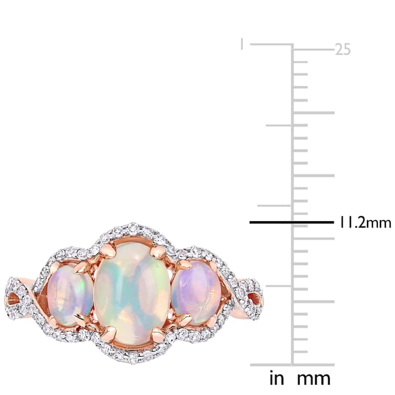Miadora 10k Rose Gold Oval-Cut Ethiopian Blue Opal & 1/3ct TDW Diamond 3-Stone Ring