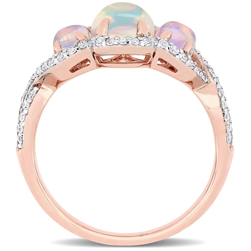 Miadora 10k Rose Gold Oval-Cut Ethiopian Blue Opal & 1/3ct TDW Diamond 3-Stone Ring