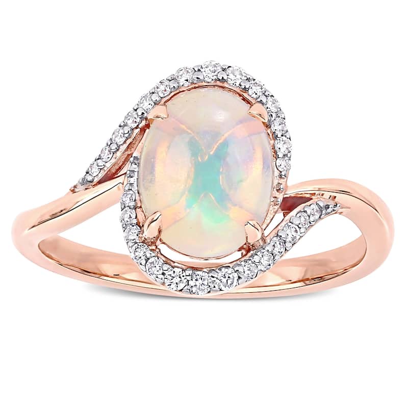 Miadora 10k Rose Gold Oval-Cut Ethiopian Blue Opal & 1/7ct TDW Diamond Bypass Ring