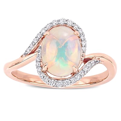 Miadora 10k Rose Gold Oval-Cut Ethiopian Blue Opal & 1/7ct TDW Diamond Bypass Ring
