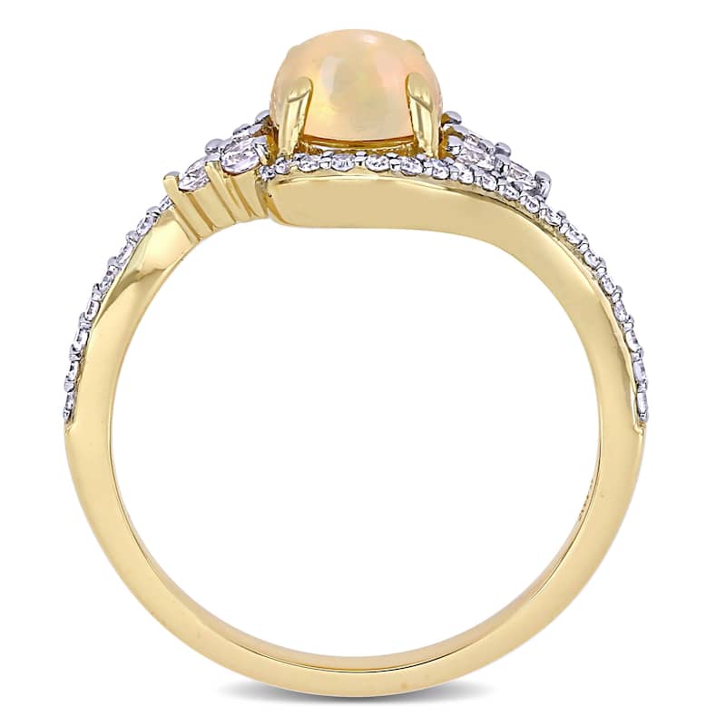 Miadora 10k Yellow Gold Ethiopian Yellow Opal White Sapphire & 1/5ct TDW Diamond Bypass Ring