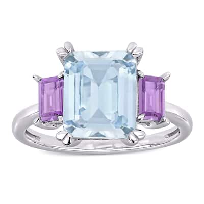 Miadora Sterling Silver Octagon-Cut Ice Aquamarine and Rose de France 3-Stone Ring