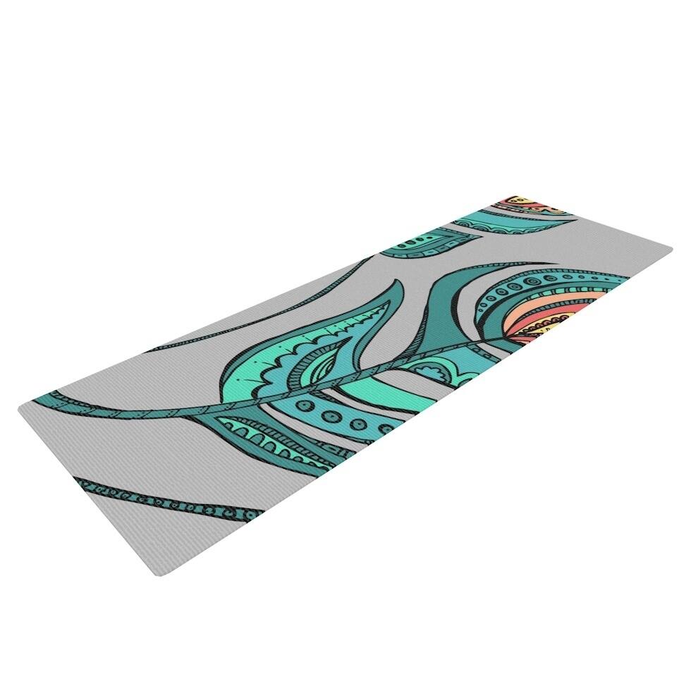 Brienne Jepkema "Feathers Gray" Grey Teal Yoga Mat - Blue