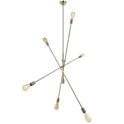 6 Light Incandescent Adjustable Pendant, Aged Brass