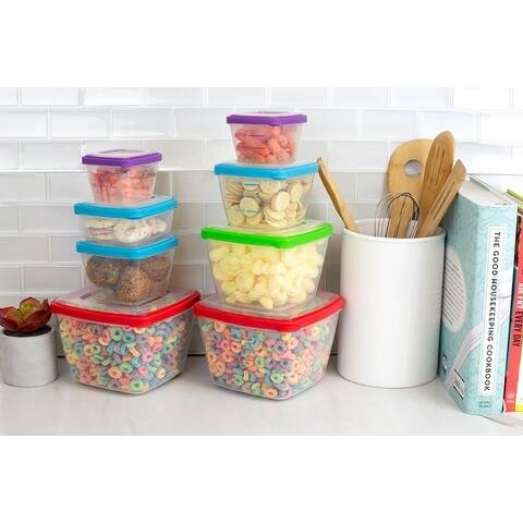 16 Piece Nesting Plastic Food Storage Container Set with Multi-Color Snap-On Lids