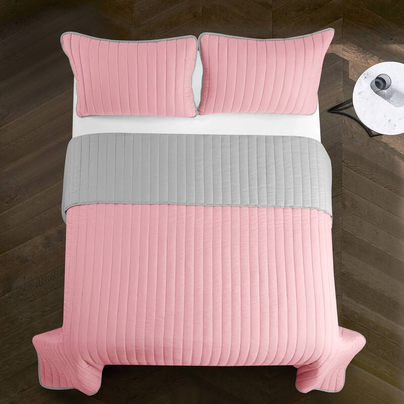 Rita Solid Reversible Quilt Set - King - Pink - 3 Piece