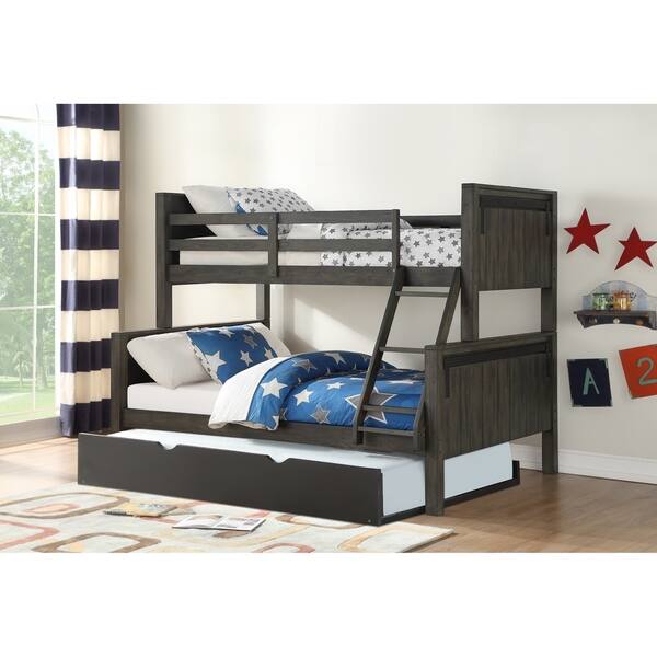 Twin Over Full Barn Door Bunk Bed In City Shadow With Twin Trundle In Low Sheen Black