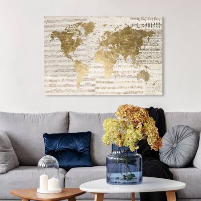 Oliver Gal 'Mapamundi Musicale Light' Maps and Flags Wall Art Canvas Print - Gold, White
