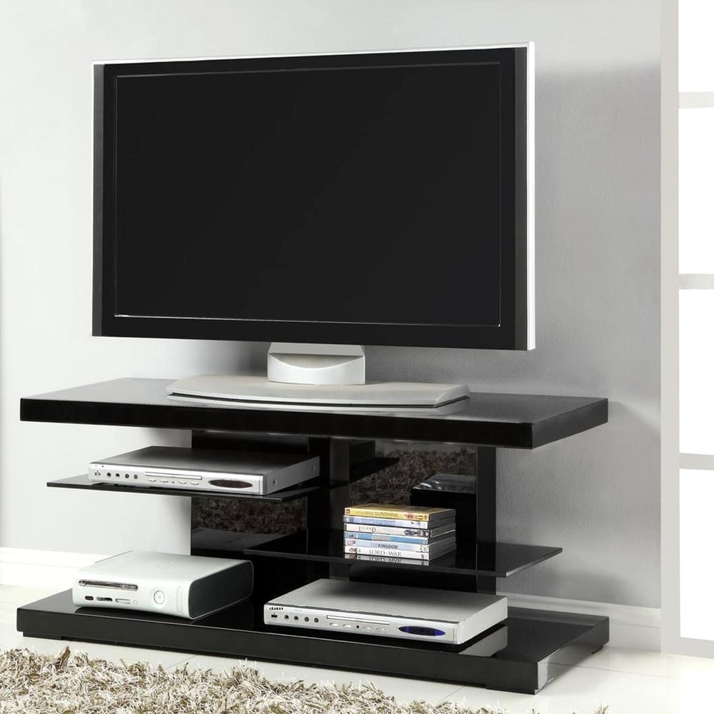 A Line Furniture Modern Chic Design Glossy Black Display TV Console with Black Tempered Glass Shelves