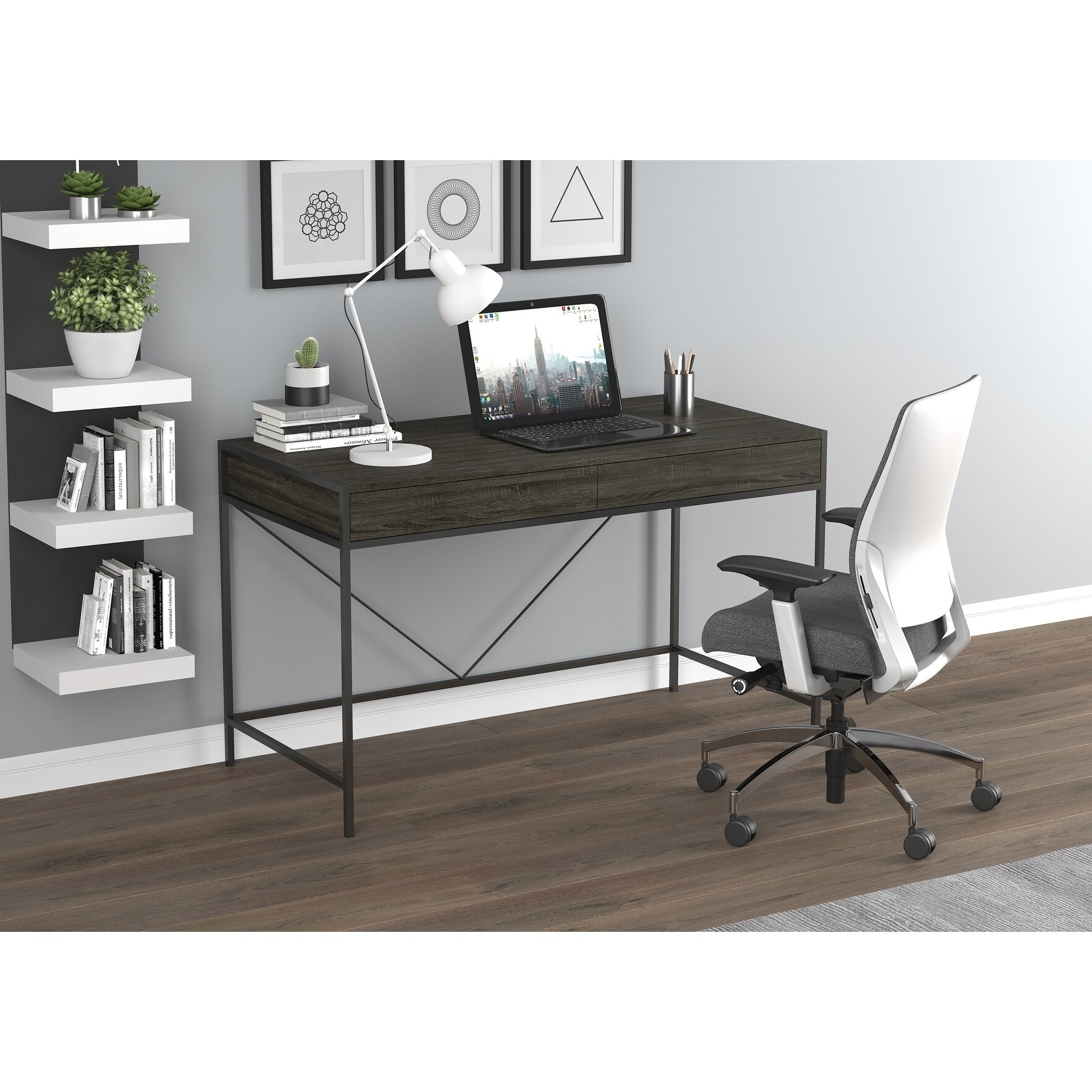 grey wood and metal desk