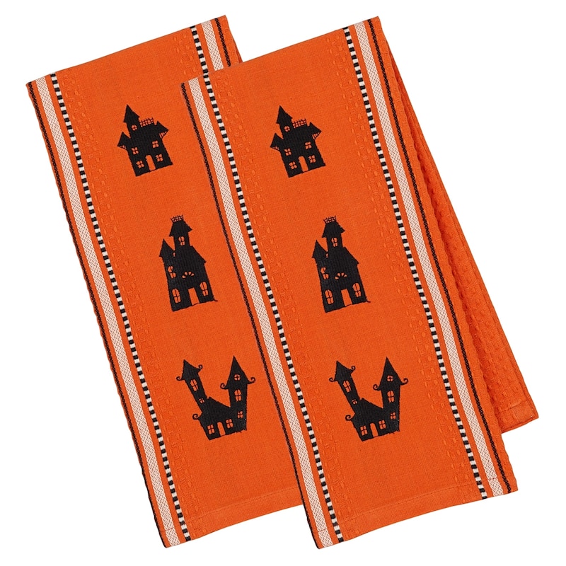 DII Assorted Halloween Embellished Dishtowel (Set of 3) - Set of 2 - Haunted Houses