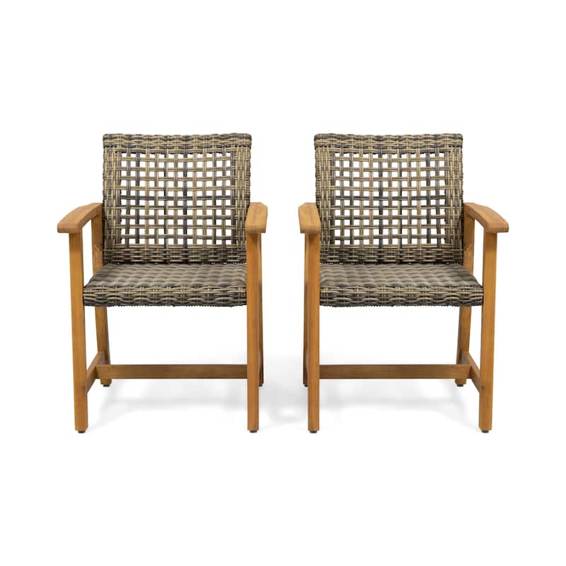 Hampton Outdoor Acacia Wood and Wicker Dining Chair (Set of 2) by Christopher Knight Home - Natural Finish+Gray
