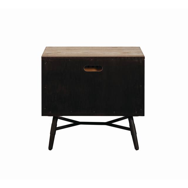 Wooden Nightstand with Two Drawers and Metal Angled Legs, Brown